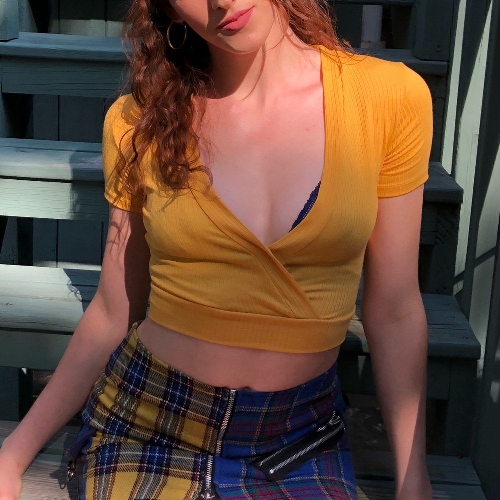 Yellow cross over v neck shirt